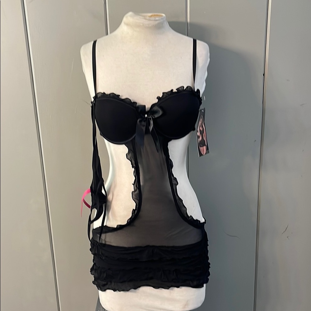 Seven til Midnight Black Apron Nighty Thong Panty Set Sexy Baddie Goth Glam